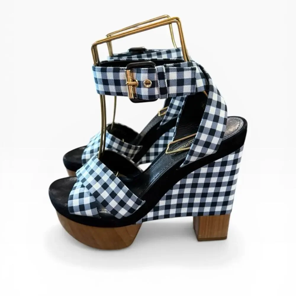 Louis Vuitton Gingham Plaid Wood Platform Wedge Sandals EU 37 US 7